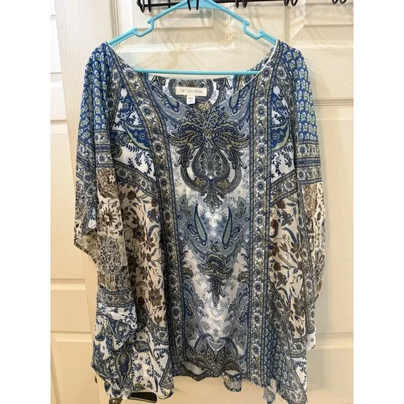 Cactus + Pearl LINED Tunic CAFTAN STYLE Top Blouse ATTACHED TANK Beads XXXL Plus - Picture 1 of 13